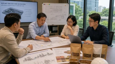 Vietnamese business team reviewing a pet food factory plan and production workflow
