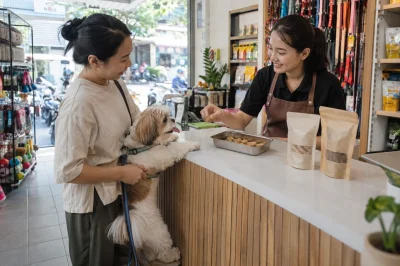 Nhân viên cửa hàng thú cưng tại Việt Nam giới thiệu mẫu bánh thưởng cho khách có chó